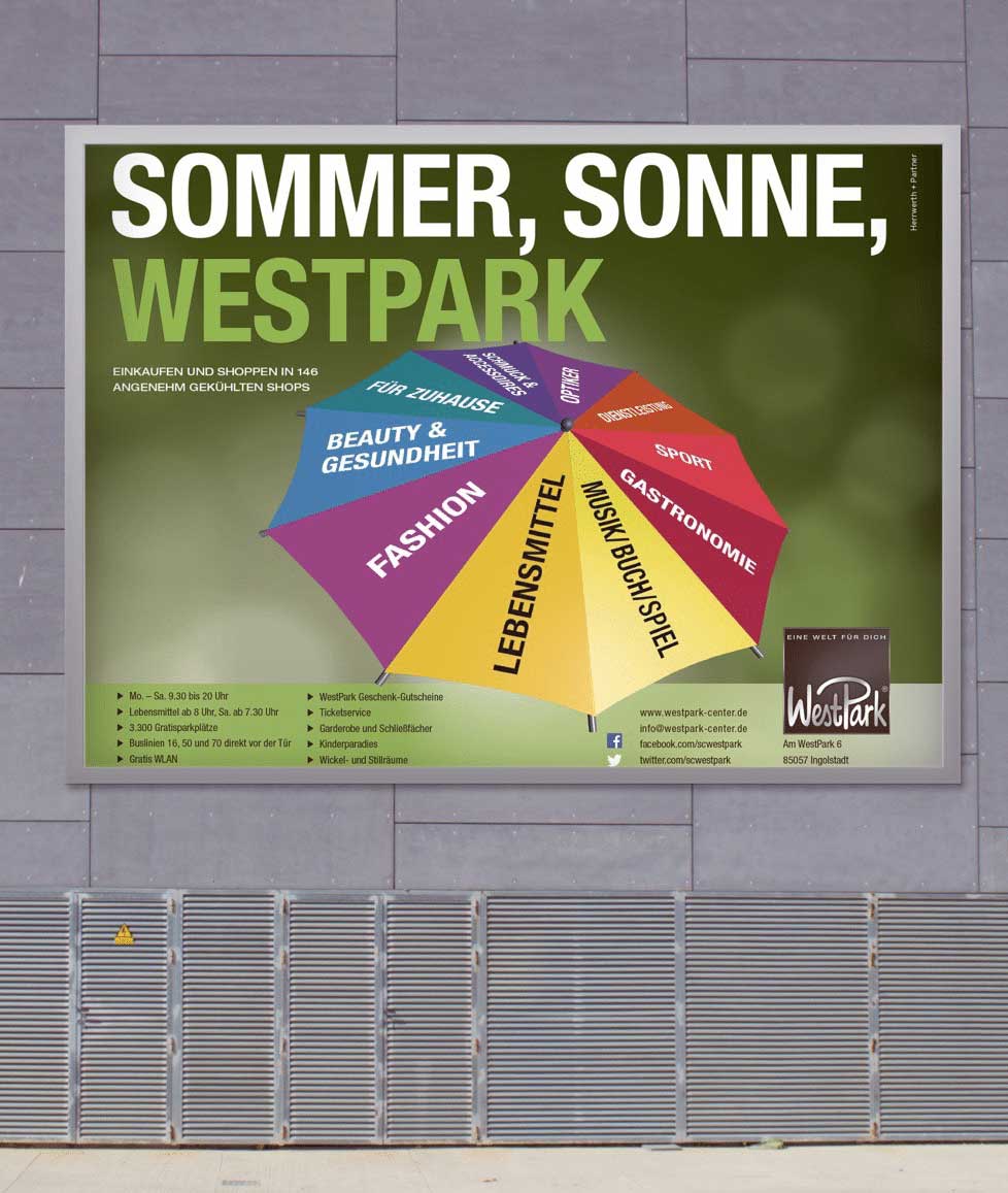 Sommer, Sonne, Westpark Kampagne Plakat auf die Wand.

